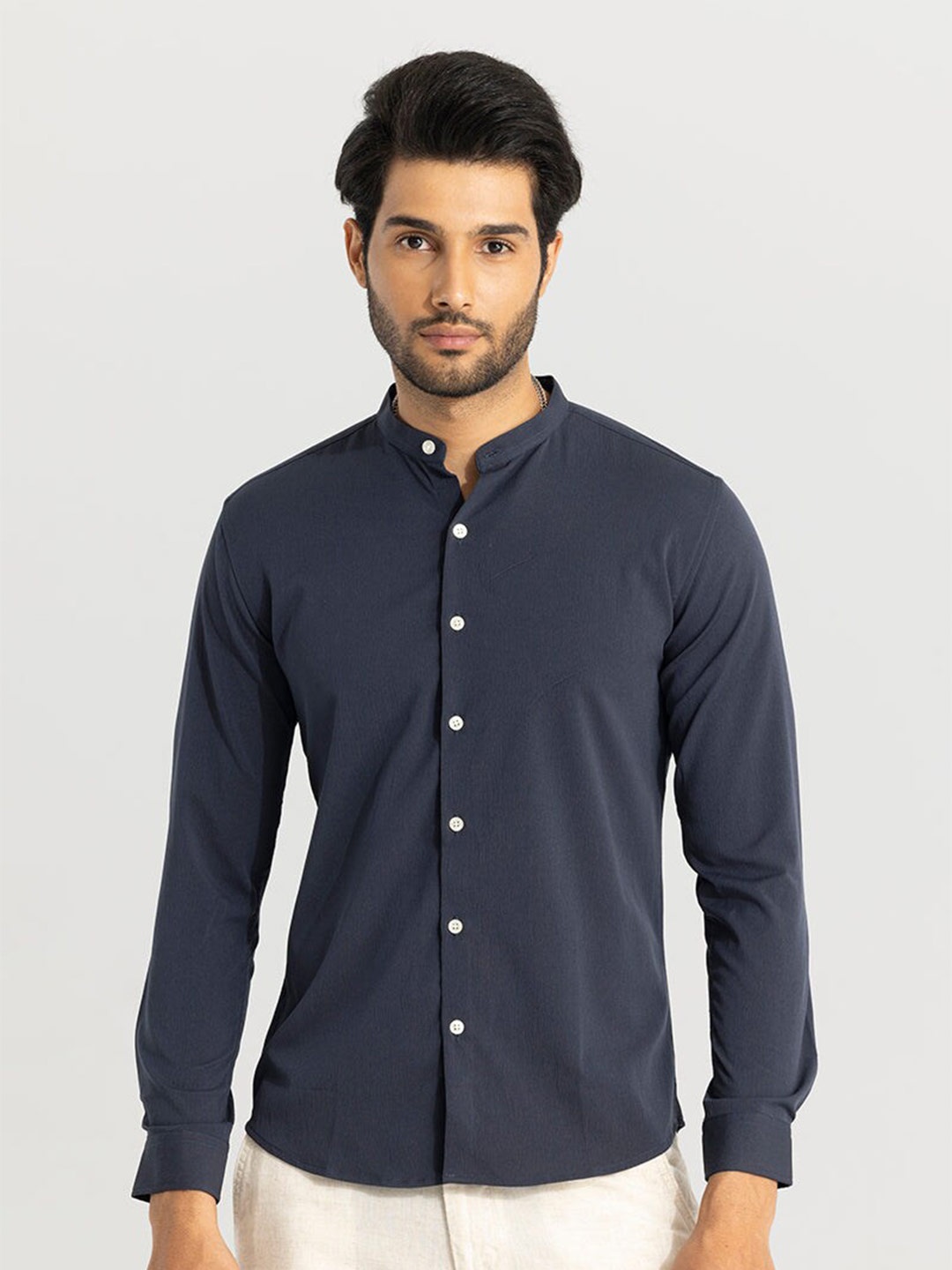 

Snitch Blue Classic Slim Fit Band Collar Cotton Casual Shirt