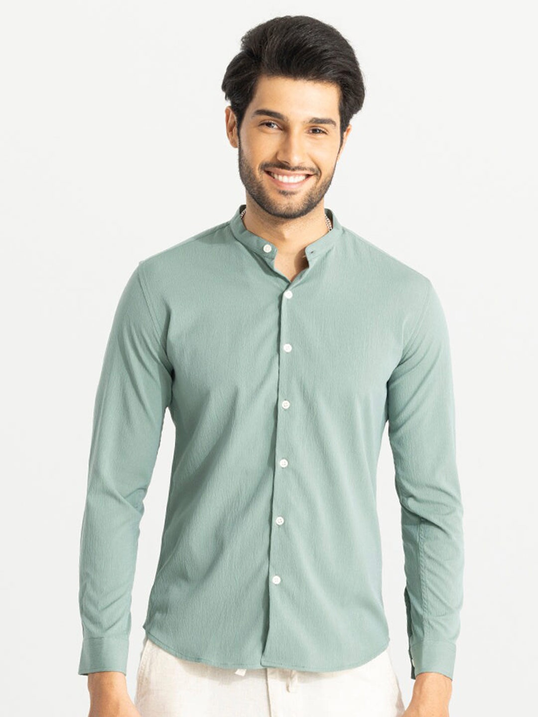 

Snitch Classic Mandarin Collar Cotton Shirt, Green