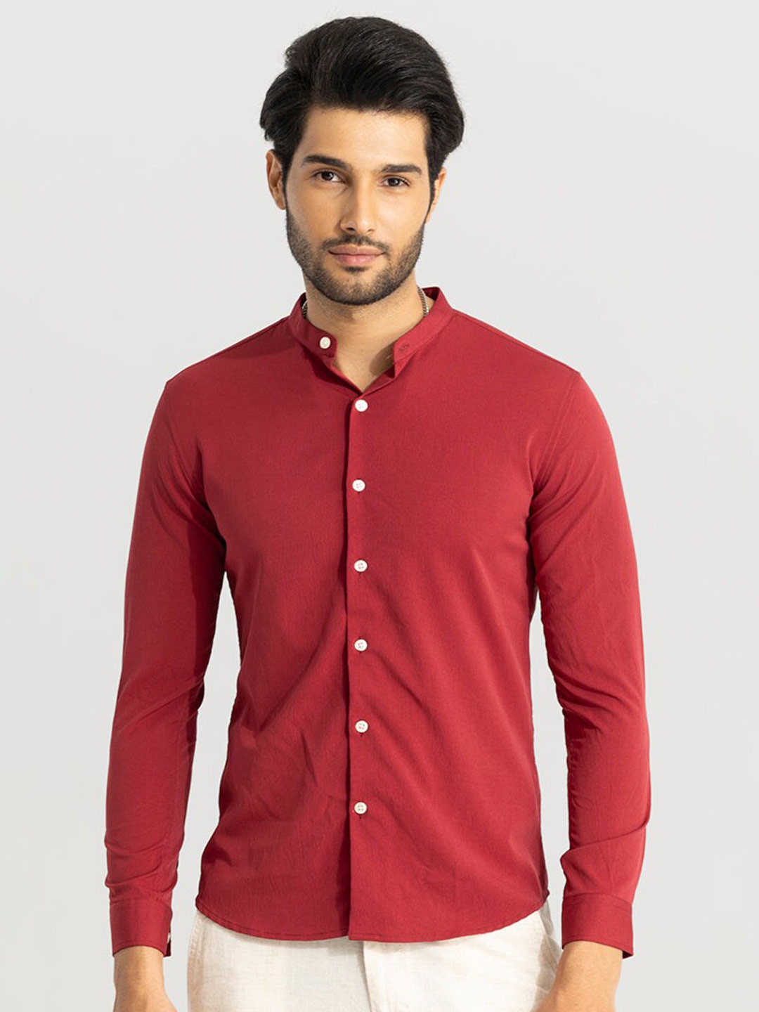 

Snitch Red Cotton Band Collar Classic Slim Fit Opaque Casual Shirt