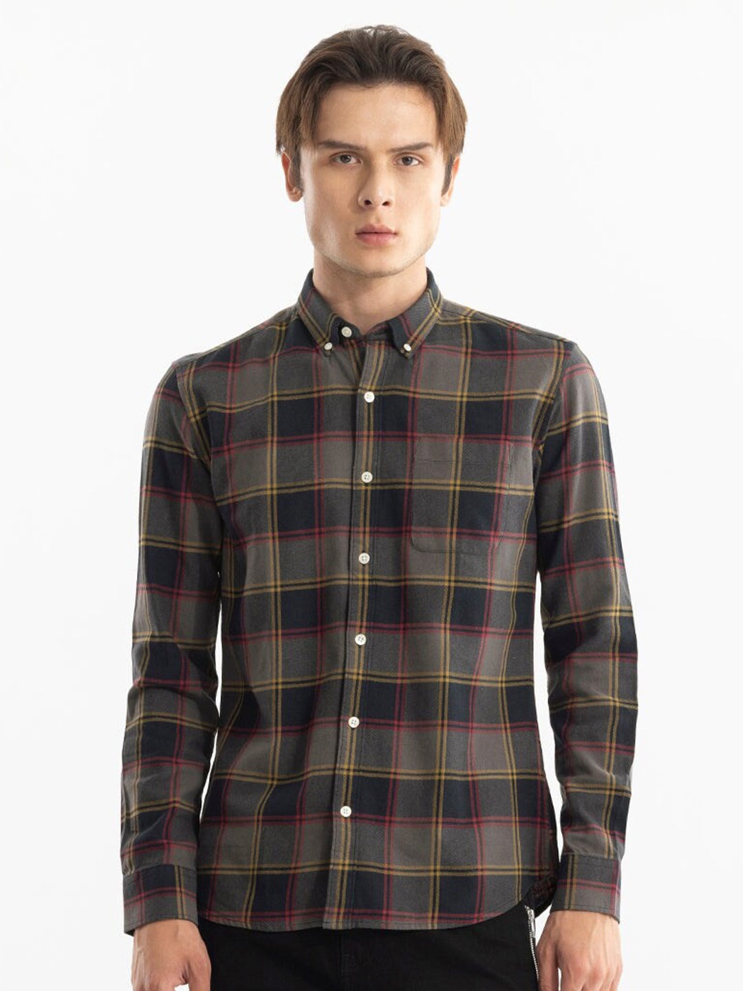

Snitch Black Classic Slim Fit Tartan Checked Button Down Collar Cotton Casual Shirt