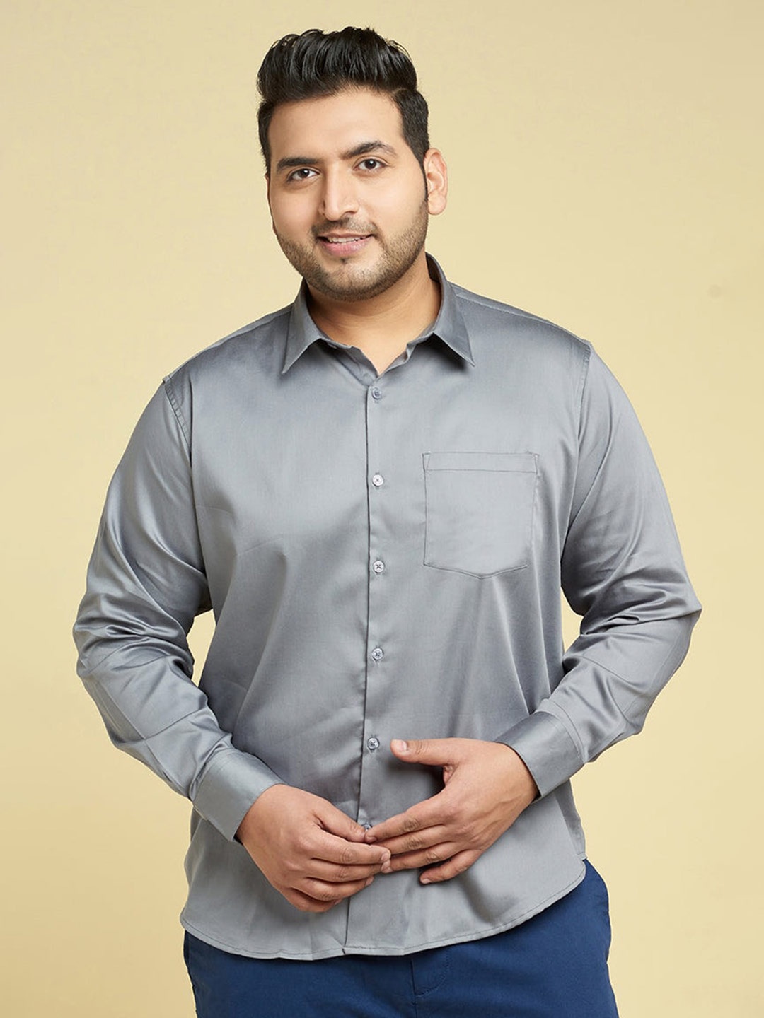 

Snitch Grey Plus Size Classic Slim Fit Spread Collar Cotton Casual Shirt