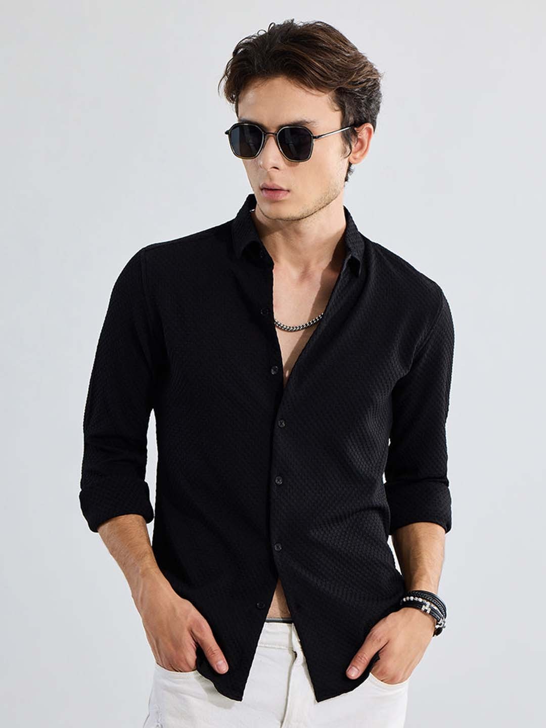 

Snitch Black Classic Slim Fit Self Design Cotton Casual Shirt