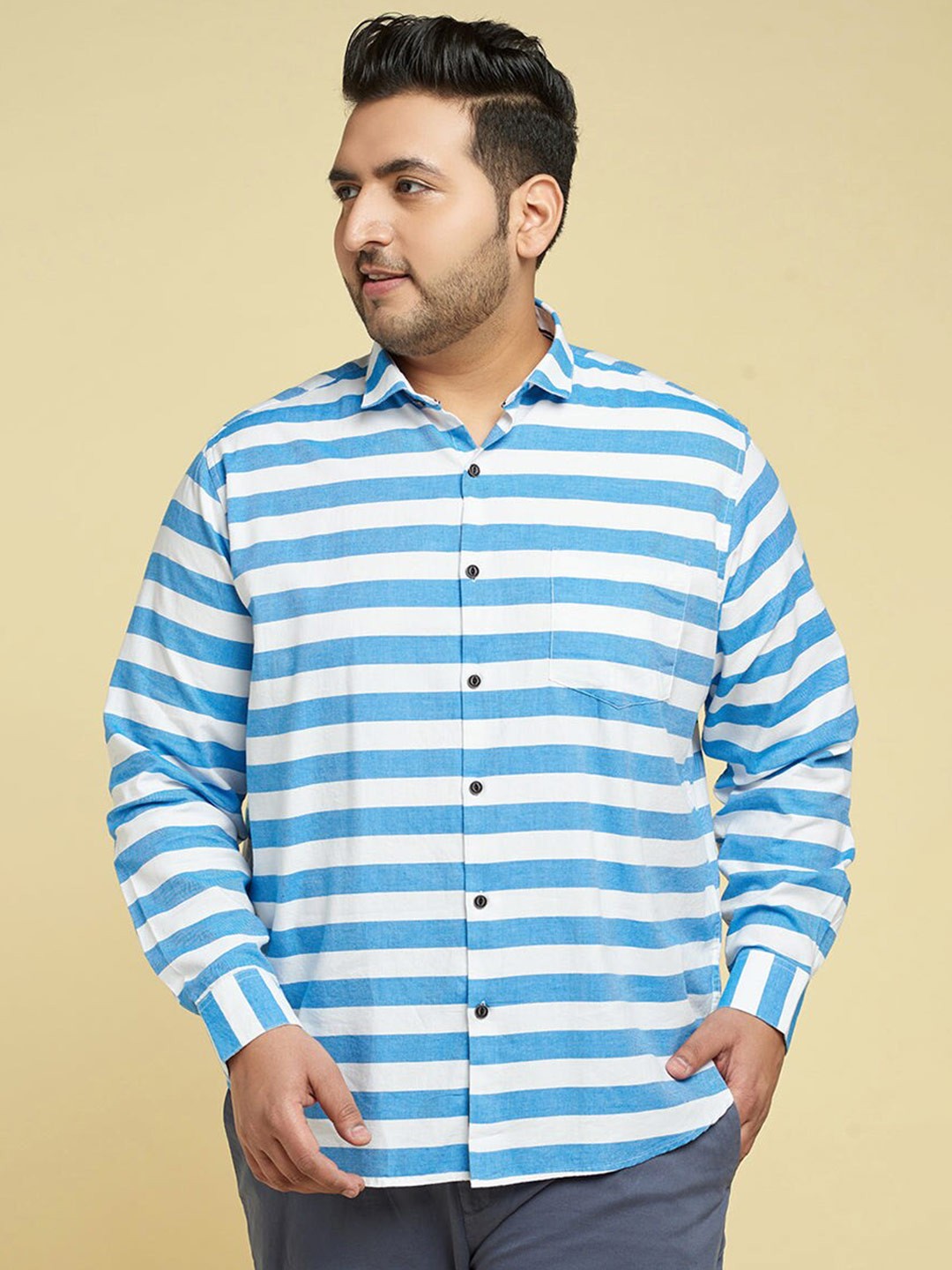 

Snitch Classic Slim Fit Plus Size Horizontal Stripes Pocket Cotton Casual Shirt, Blue