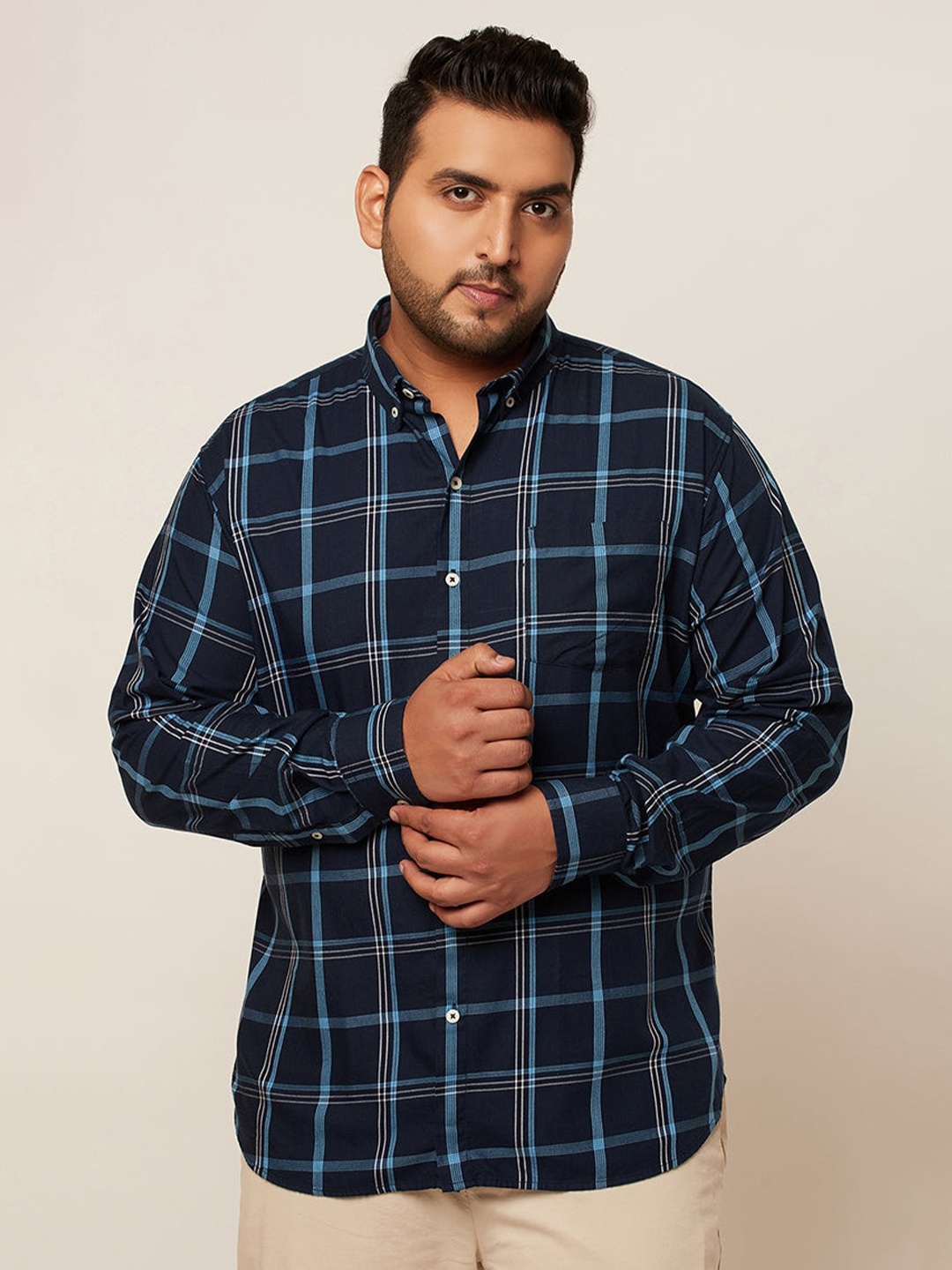 

Snitch Plus Size Navy Blue Classic Slim Fit Windowpane Checked Casual Shirt