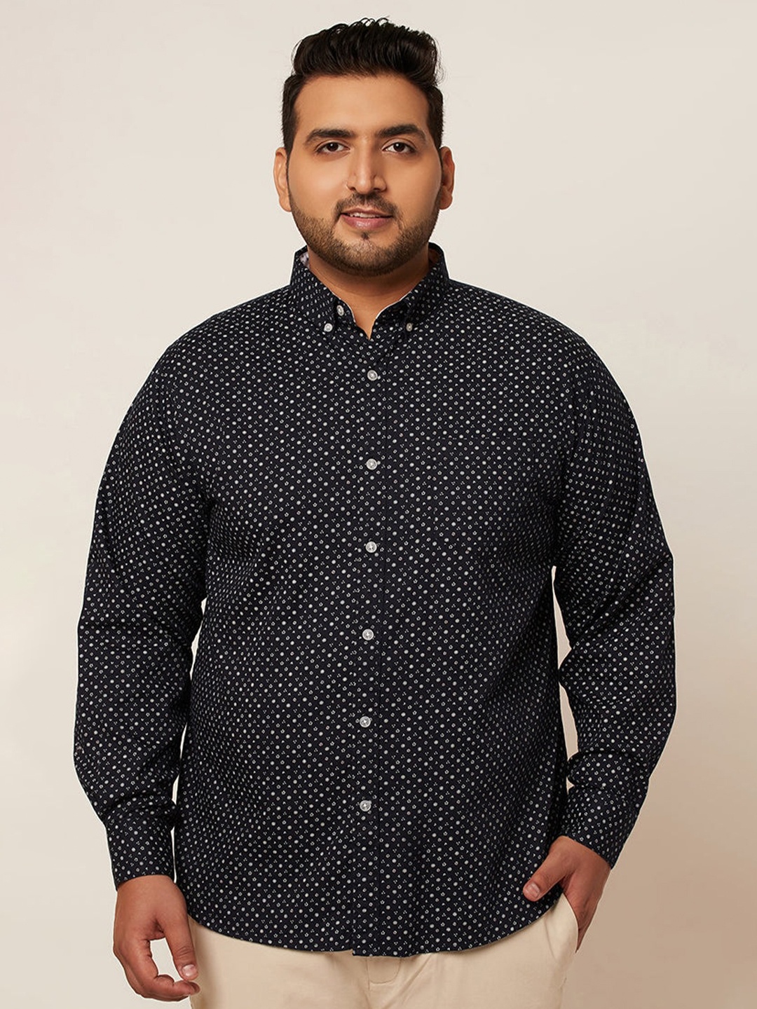 

Snitch Navy Blue Plus Size Classic Slim Fit Micro Ditsy Printed Cotton Casual Shirt