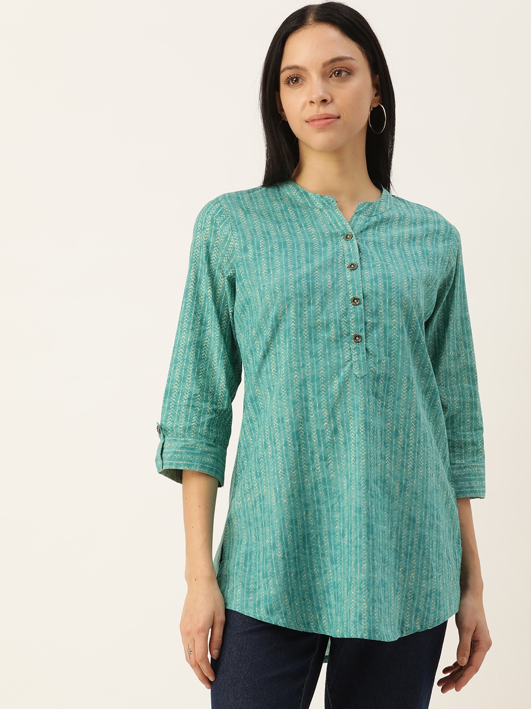 

AMUKTI Mandarin Collar Printed Tunic, Teal