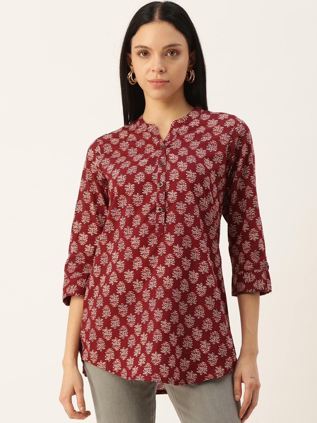 

AMUKTI Mandarin Collar Printed Tunic, Red