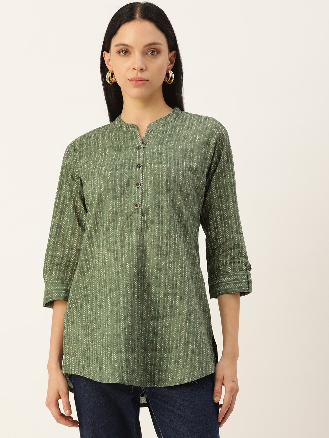 

AMUKTI Mandarin Collar Printed Tunic, Green