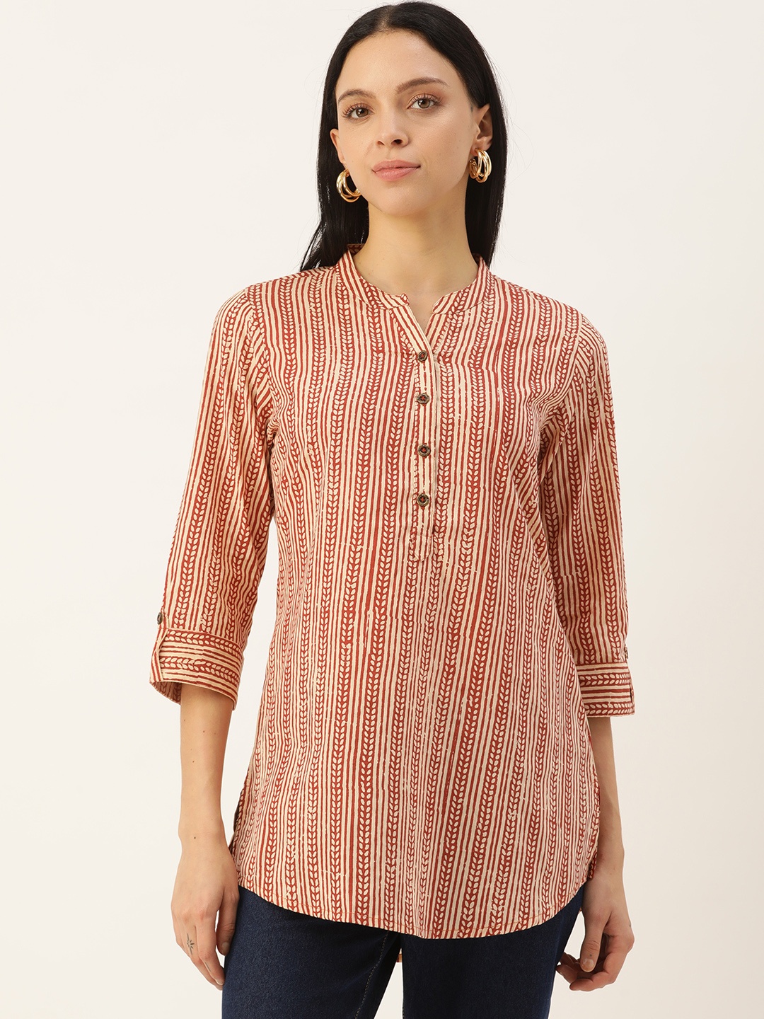 

AMUKTI Mandarin Collar Printed Tunic, Beige