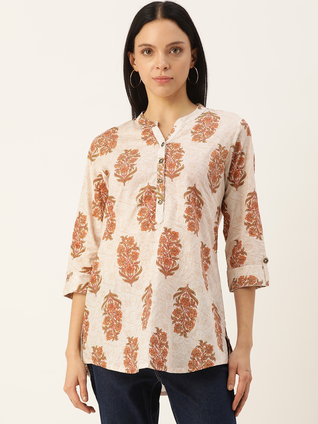 

AMUKTI Mandarin Collar Printed Tunic, White