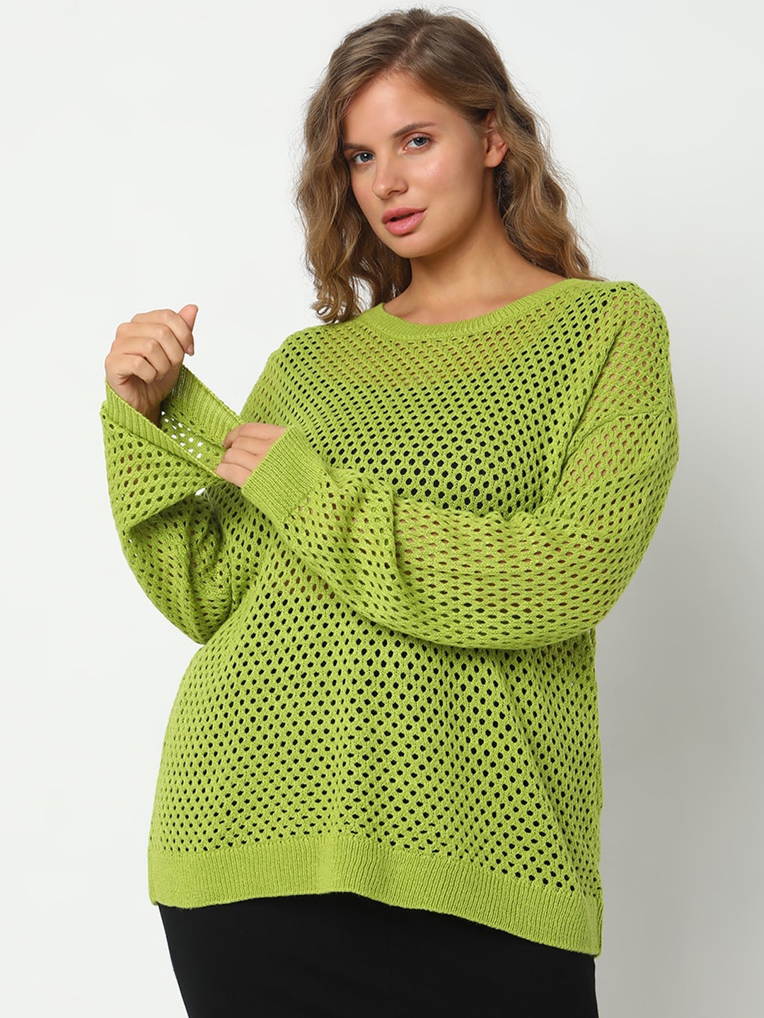 

VERO MODA CURVE Self Design Open Knit Cotton Pullover Sweater, Green