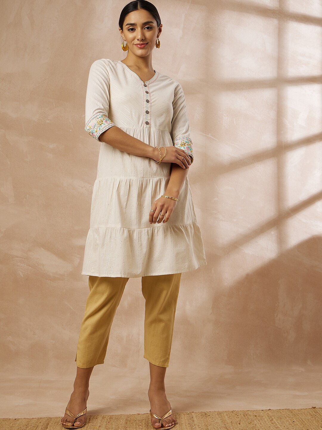 

all about you Striped Thread Work Zari Tiered A-Line Kurta, Off white