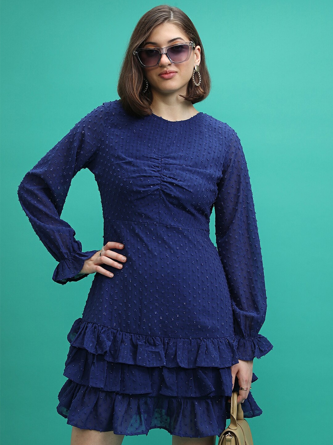 

Tokyo Talkies Navy Blue Self Design Bell Sleeves Layered Fit & Flare Dress