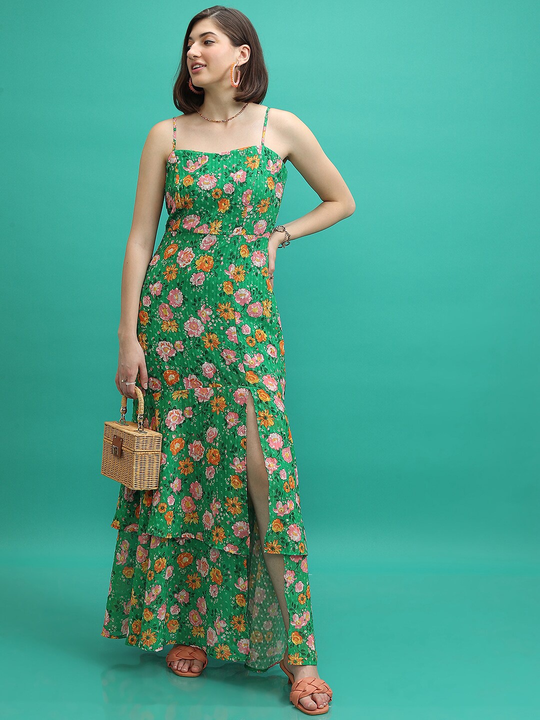 

Tokyo Talkies Green Floral Printed Shoulder Straps Layered Maxi Dress