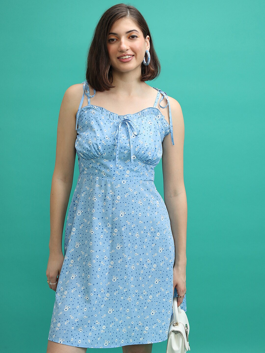 

Tokyo Talkies Blue Floral Printed Shoulder Straps Fit & Flare Dress