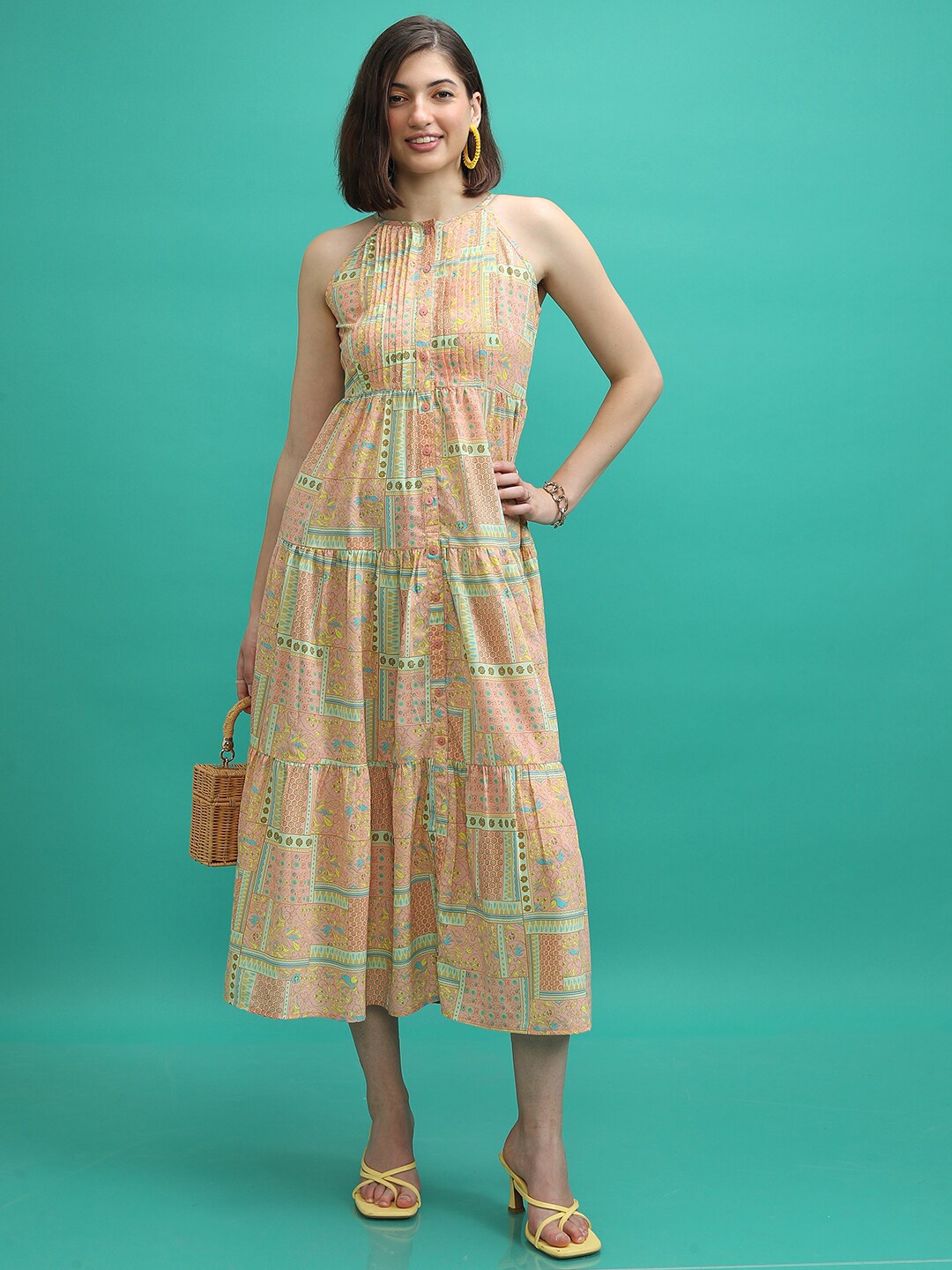 

Tokyo Talkies Floral Printed Sleeveless A-Line Midi Dress, Peach