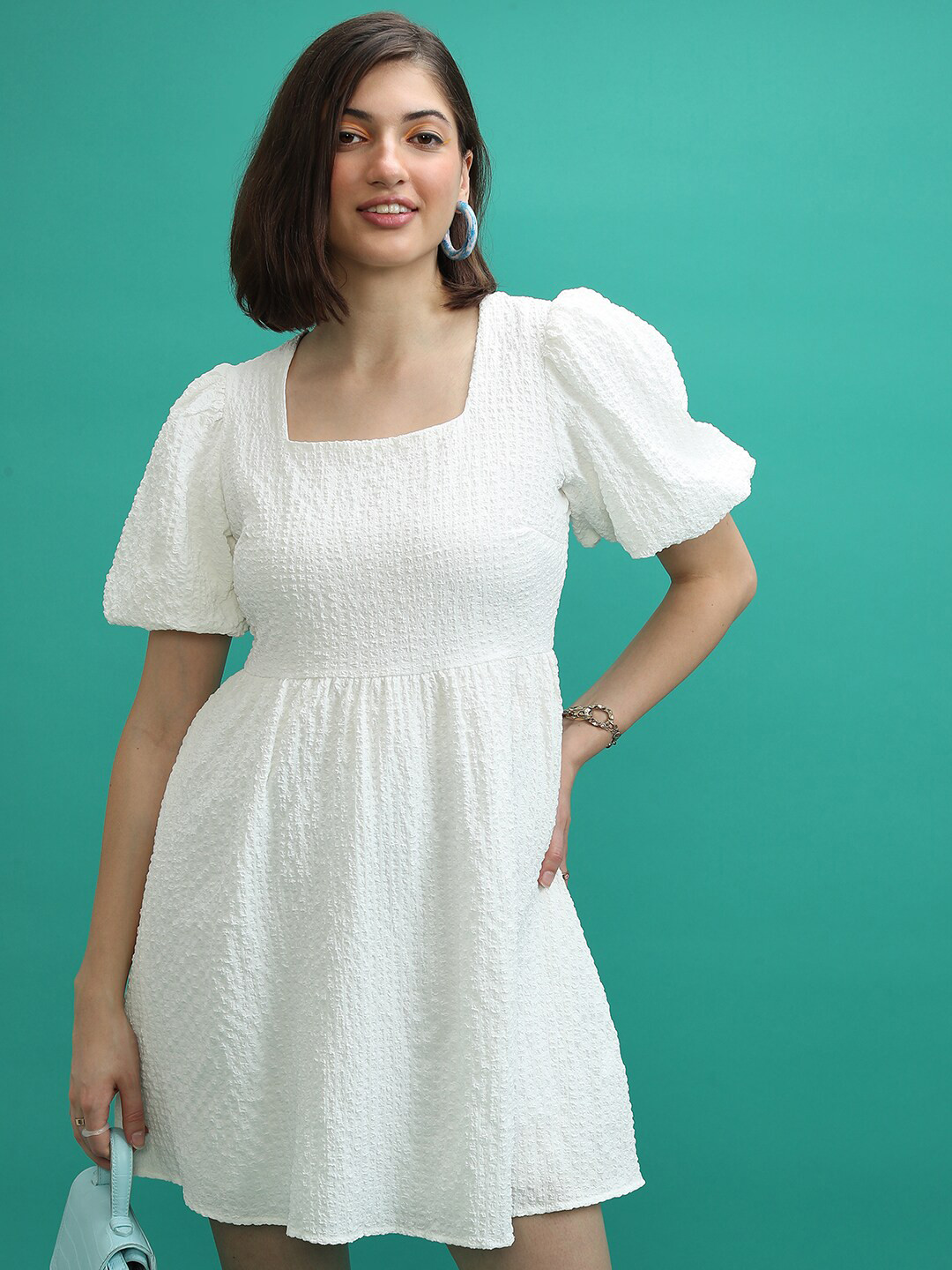 

Tokyo Talkies Self Design Square Neck Puff Sleeves Fit & Flare Dress, White