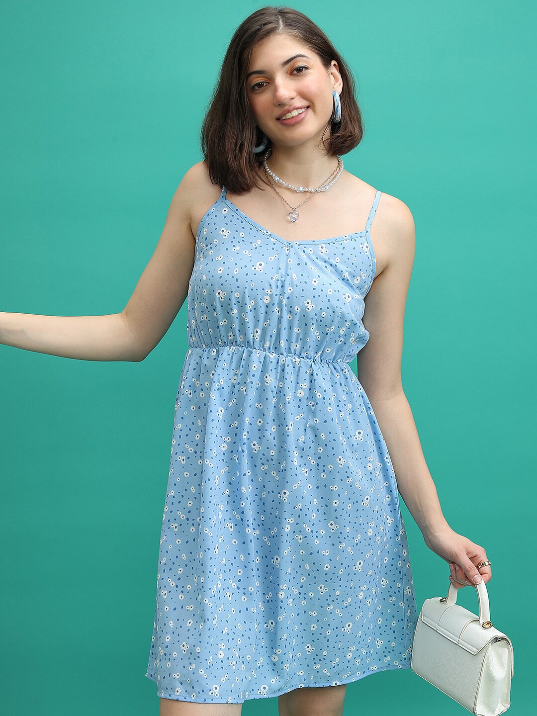 

Tokyo Talkies Floral Printed Shoulder Straps Fit & Flare Dress, Blue