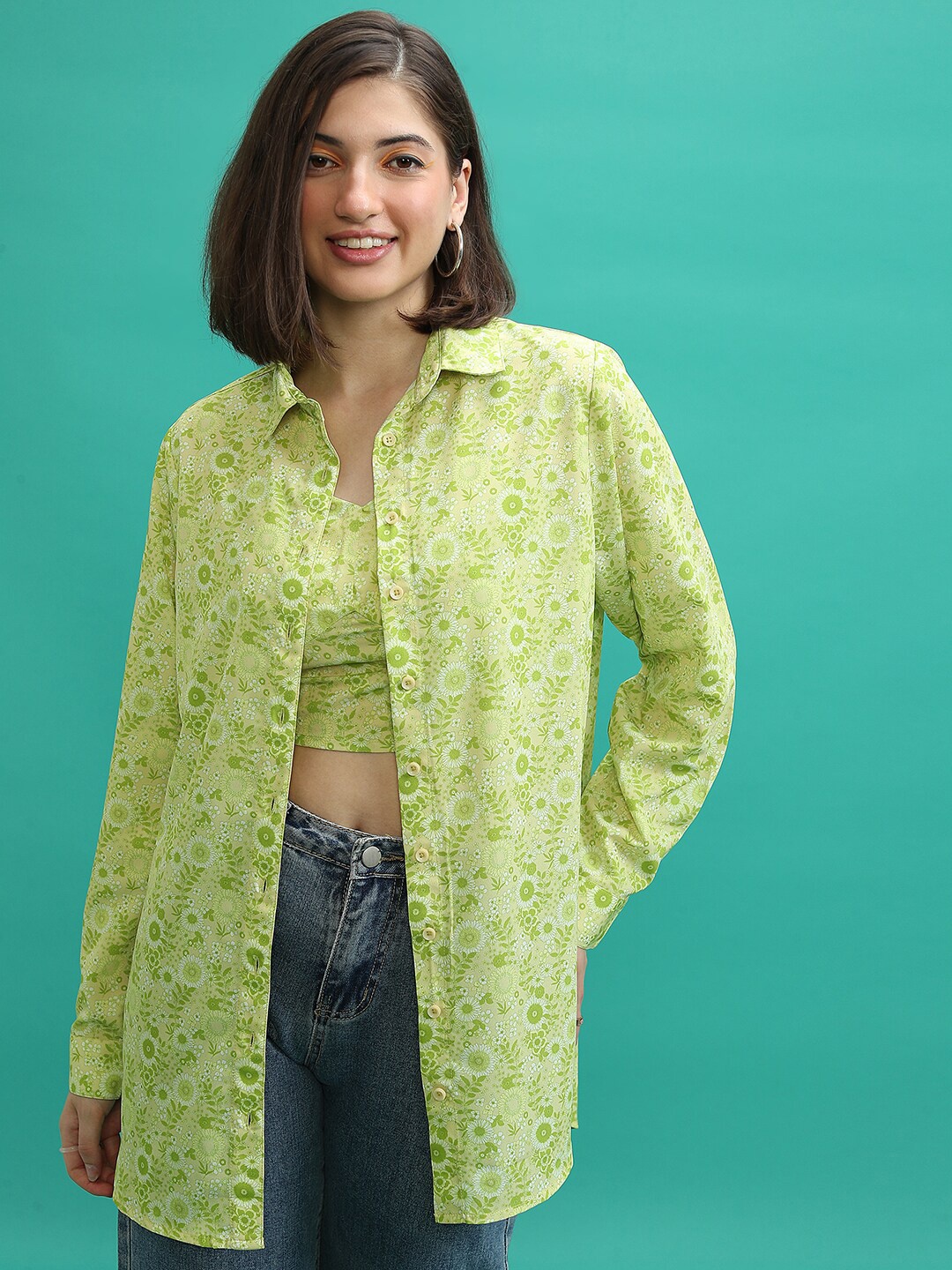 

Tokyo Talkies Crop Top with Shirt Co-Ords, Lime green