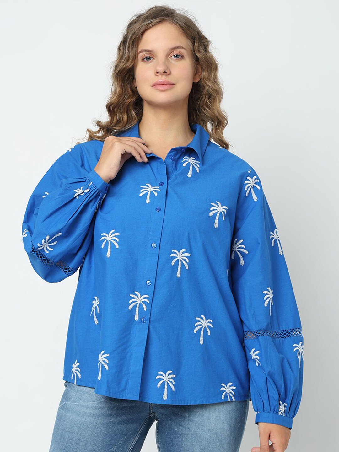 

VERO MODA CURVE Floral Embroidered Cotton Casual Shirt, Blue