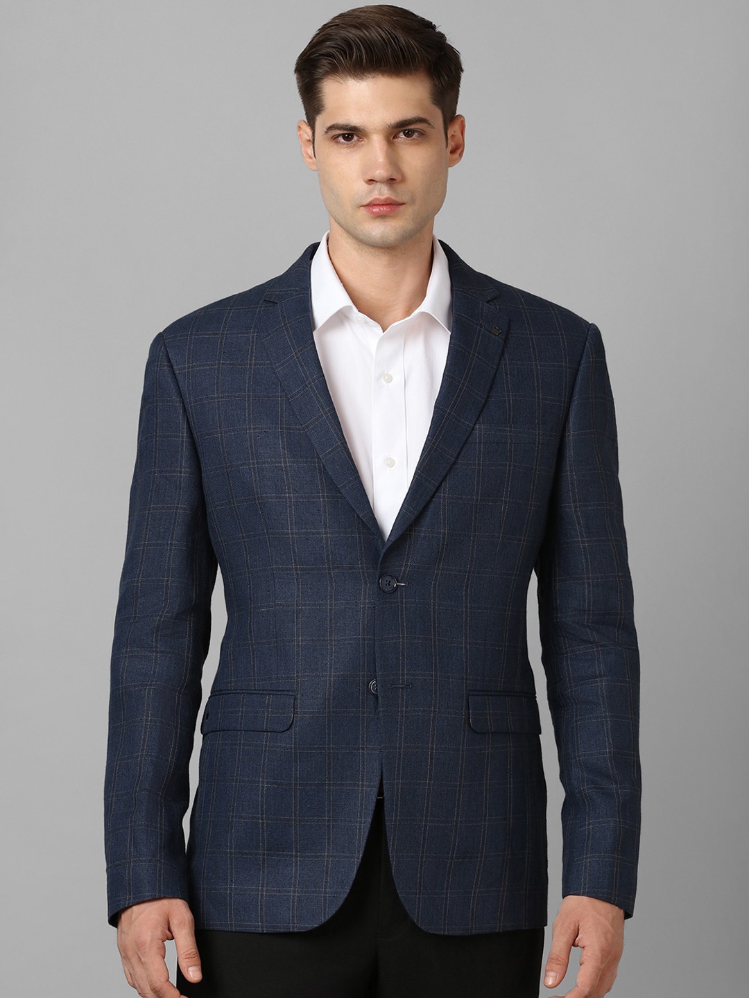

Louis Philippe Checked Slim-Fit Single Breasted Linen Formal Blazer, Navy blue