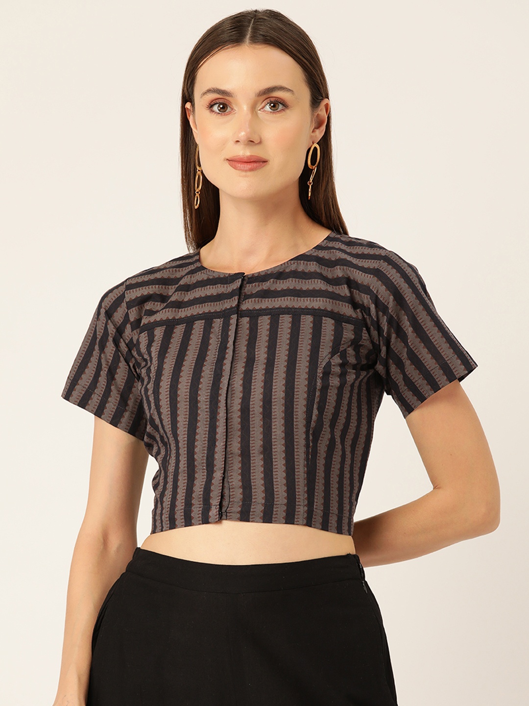 

Molcha Women Striped Cotton Saree Blouse, Black