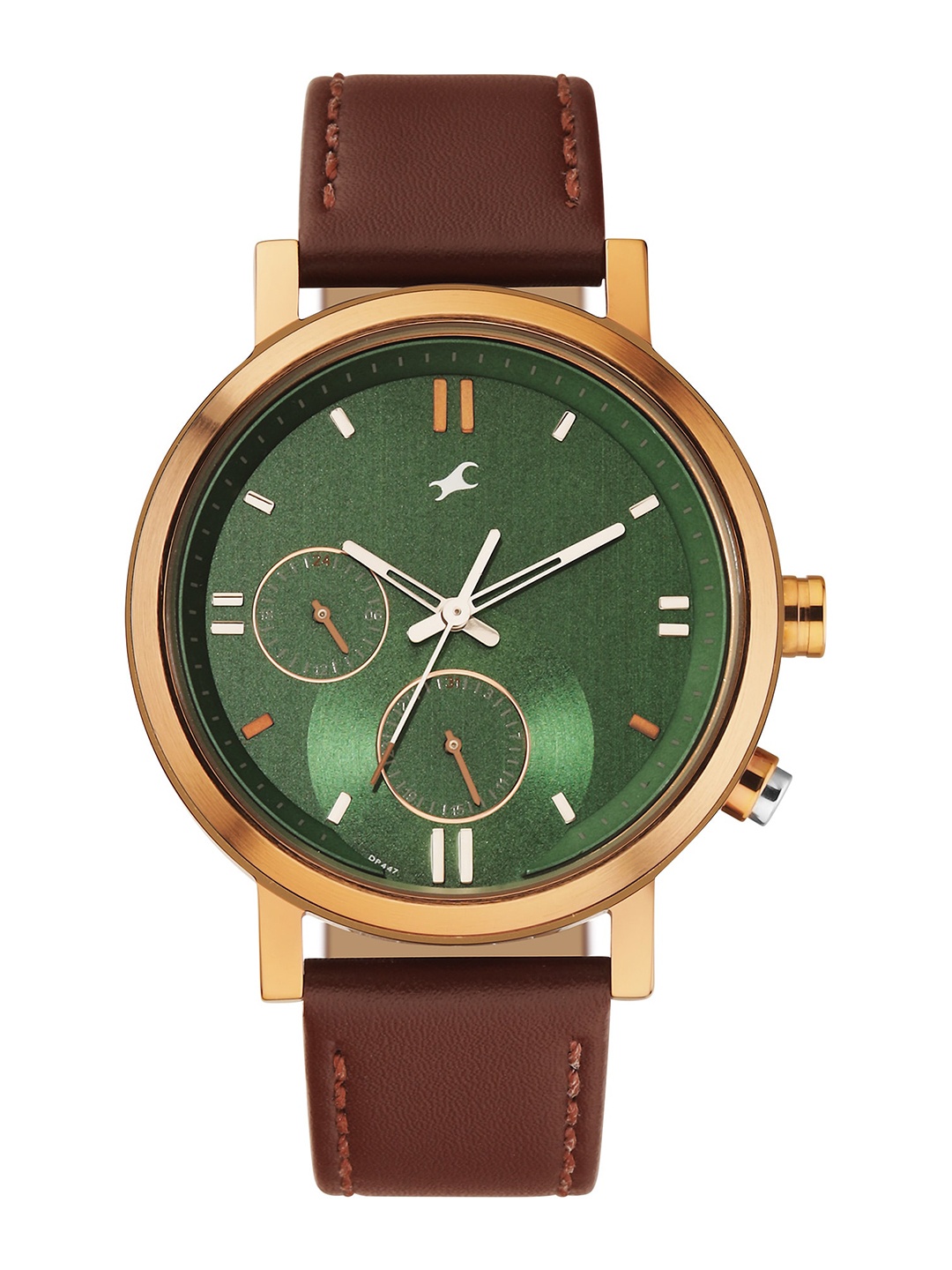 

Fastrack Men Tick Tock 3.0 Brass Dial & Leather Straps Reset Time Analogue Watch 3287KL04, Green