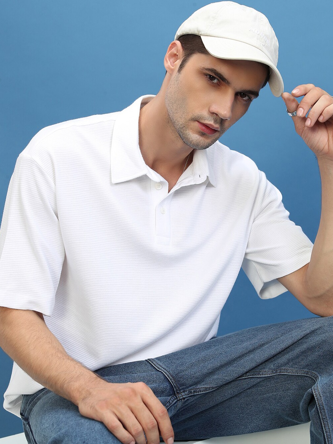 

KETCH White Striped Polo Collar Drop-Shoulder Sleeves Longline Oversized T-shirt