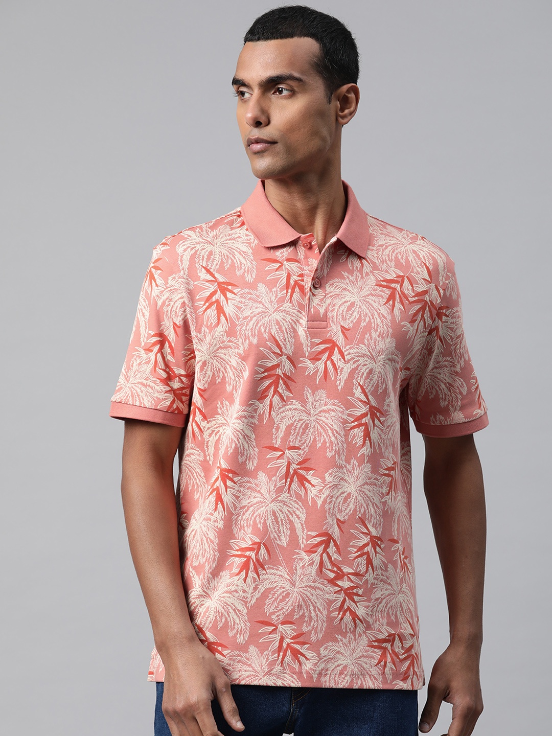 

Marks & Spencer Printed Pure Cotton Polo Collar T-shirt, Peach