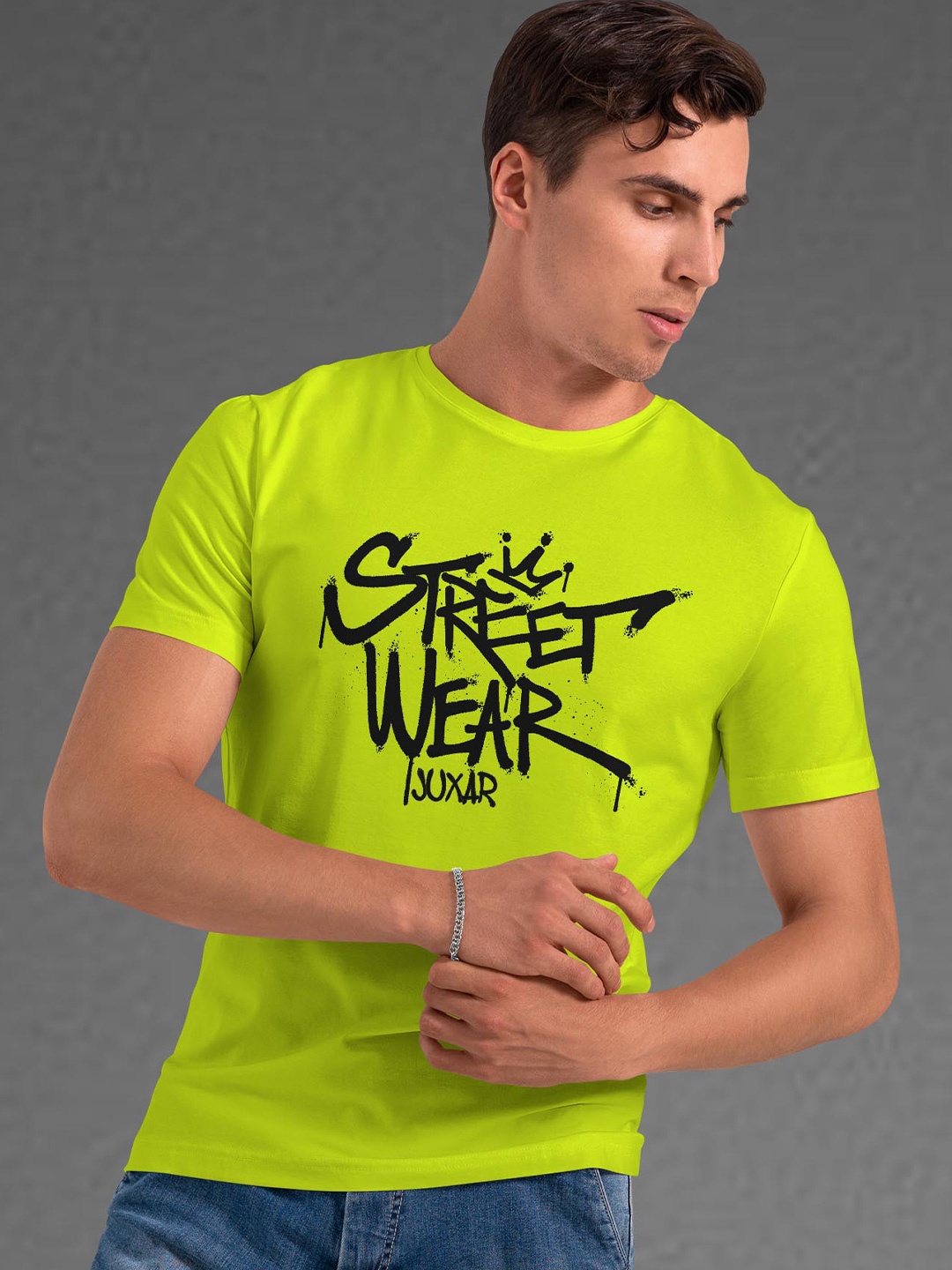 

Juxar Typography Printed Cotton T-shirt, Fluorescent green
