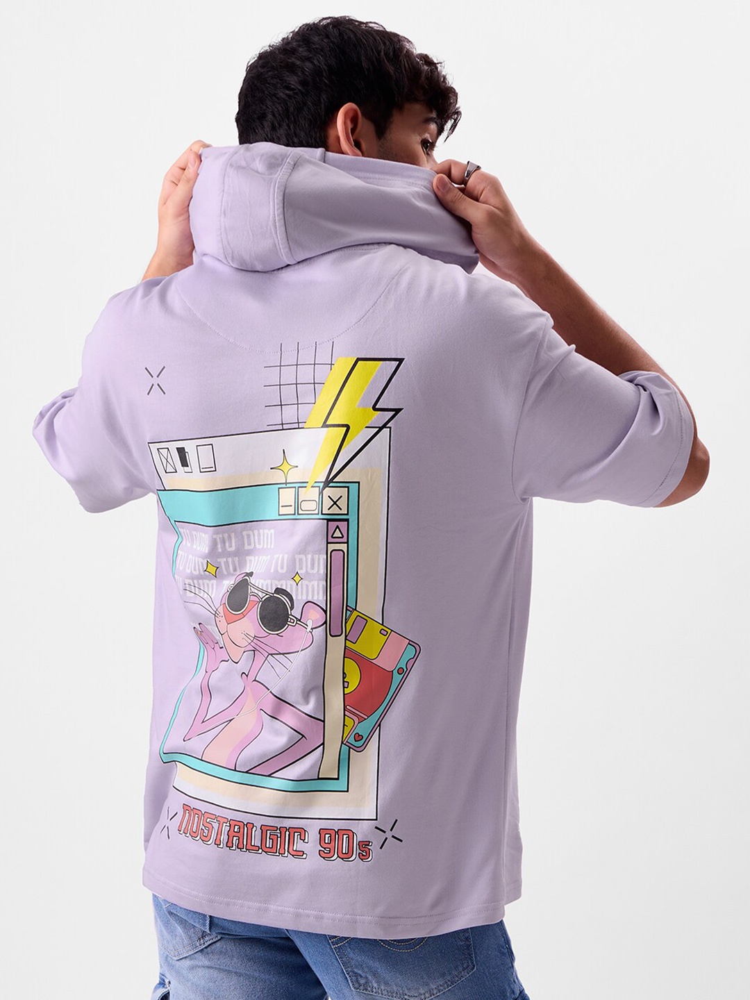 

The Souled Store Graphic Printed Hooded Pure Cotton Oversized T-shirt, Lavender