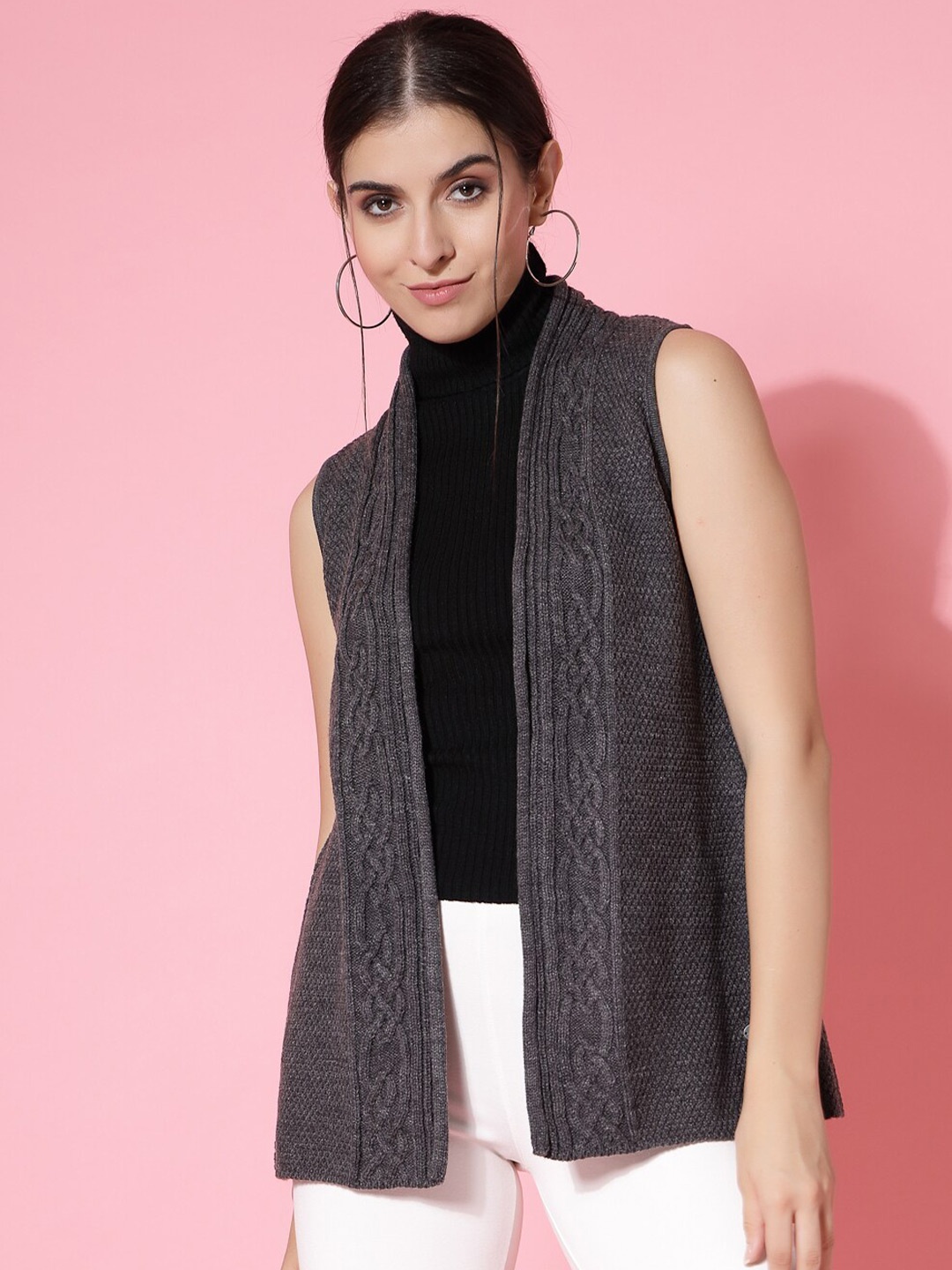 

Wool Trees Self Design Cable Knit Collarless Acrylic Cardigan Sweater, Charcoal