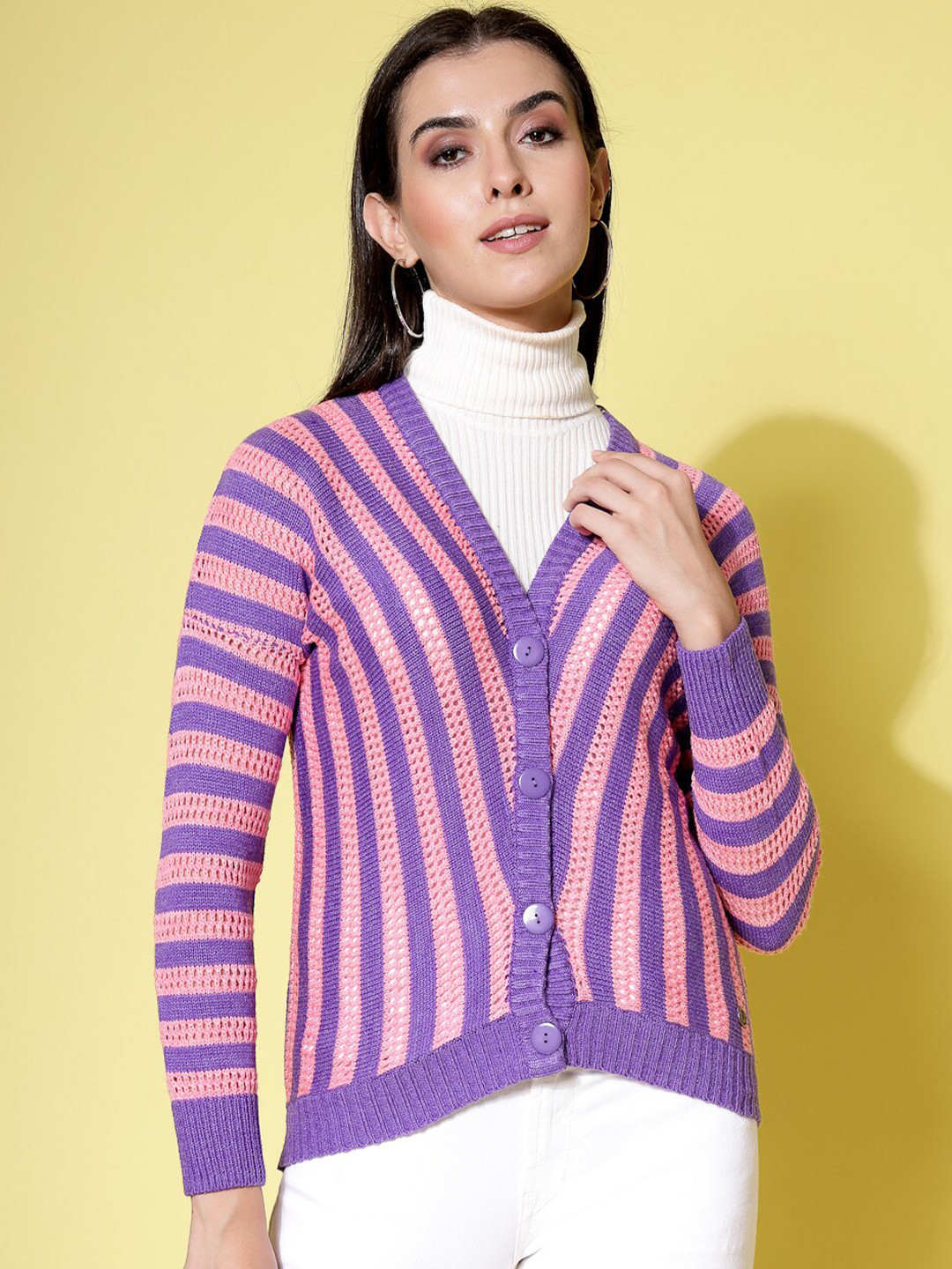 

Wool Trees Striped Acrylic Cardigan Sweater, Violet