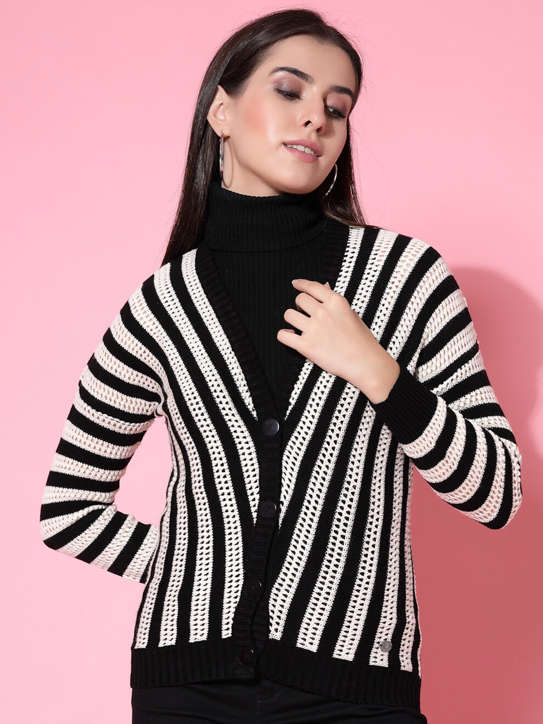 

Wool Trees Striped Acrylic Cardigan Sweater, Black