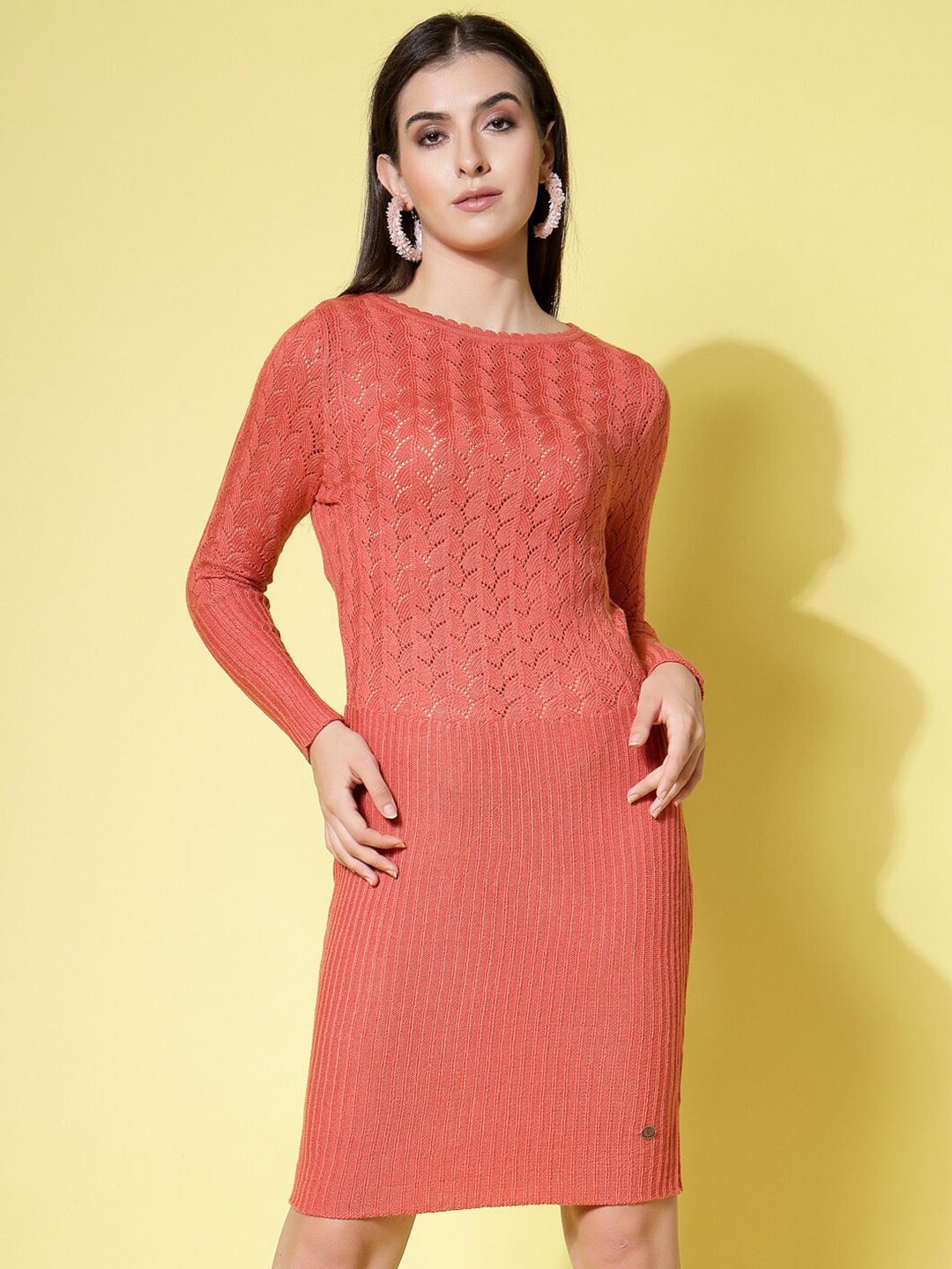 

Wool Trees Self Design Acrylic Sheath Dress, Rust