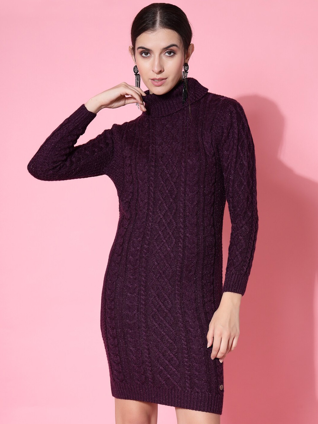 

Wool Trees Self Design Turtle Neck Acrylic Mini Sheath Dress, Purple