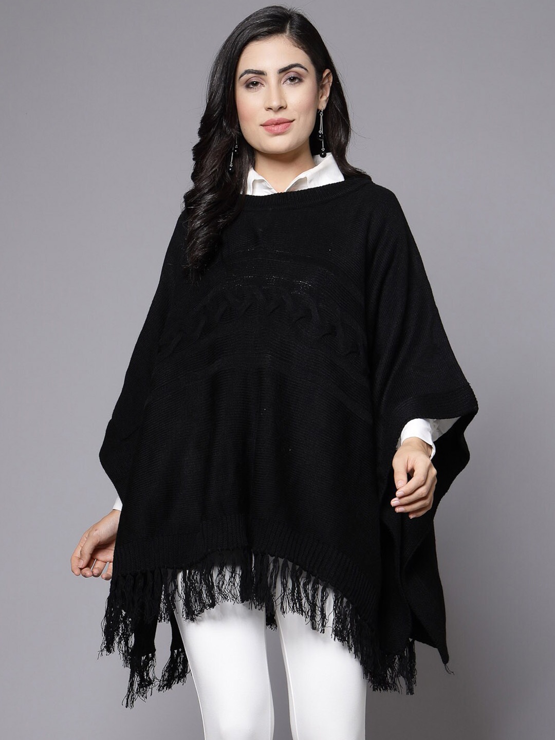 

Wool Trees Self Design Acrylic Longline Poncho, Black