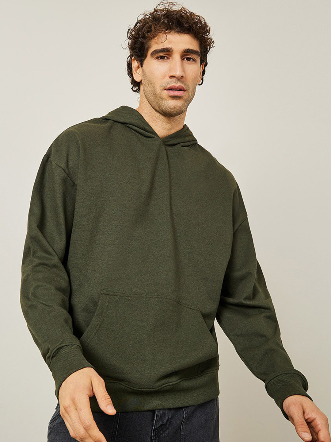 

Styli Oversized Fleece Hoodie with Front Pocket, Olive