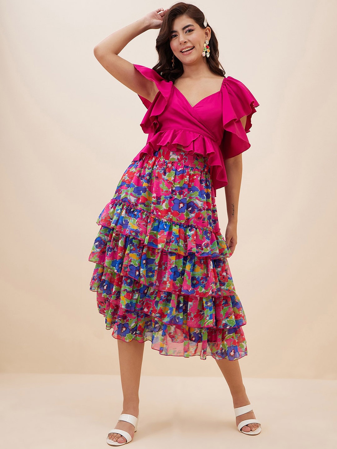 

Antheaa Pink and Green Printed Top With Frilled Skirt