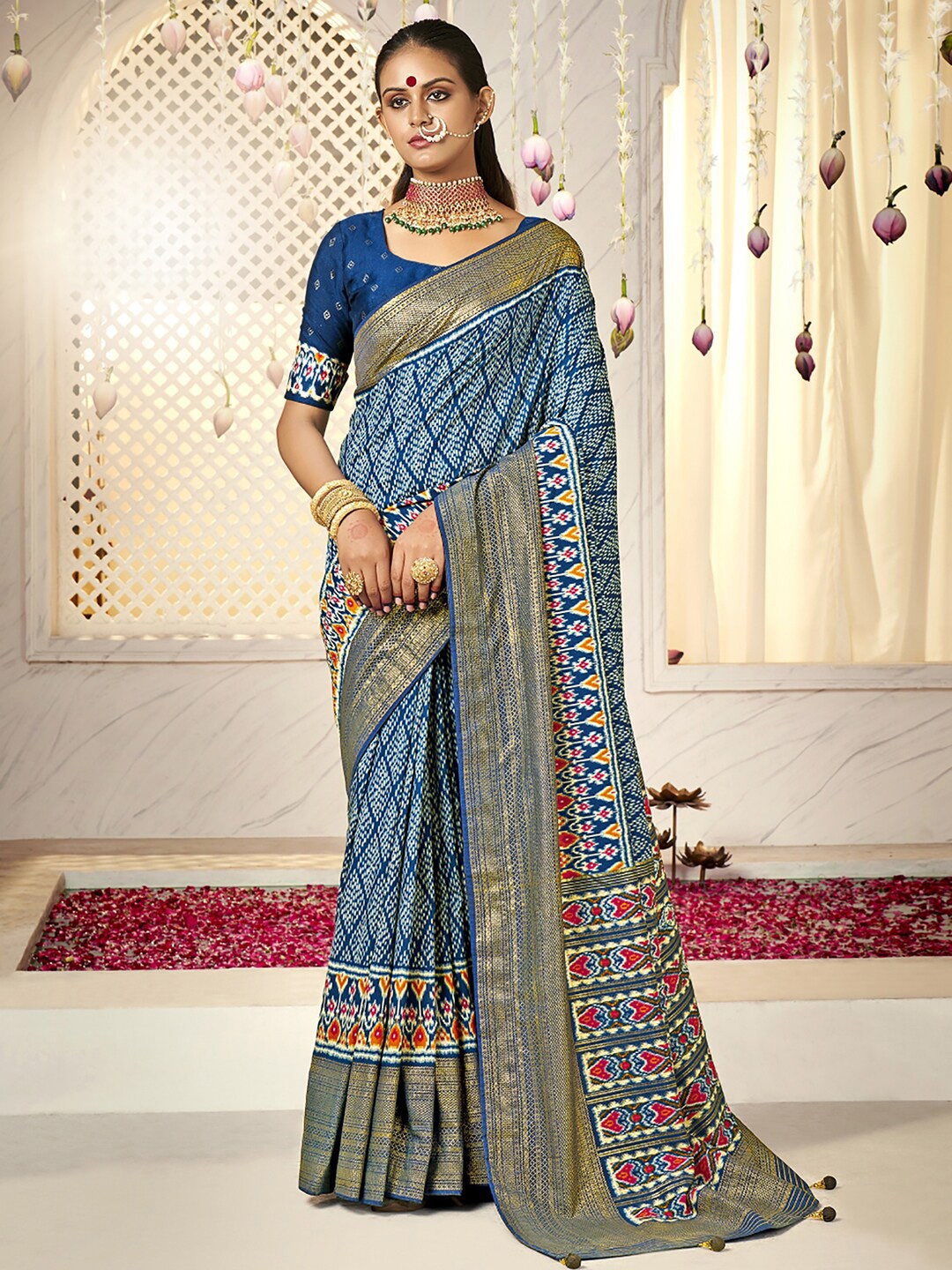 

Saree mall Ethnic Motifs Woven Design Zari Ikat Sarees, Navy blue