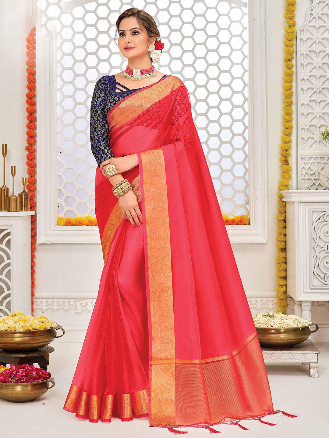 

Saree mall Pink & Gold-Toned Zari Organza Banarasi Sarees