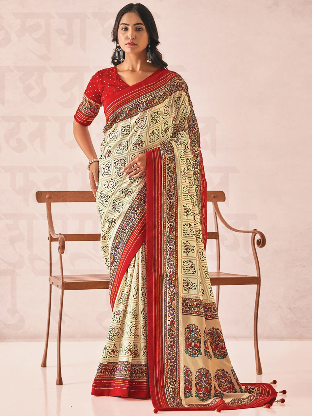 

Saree mall Off White & Red Printed Bandhani Sarees