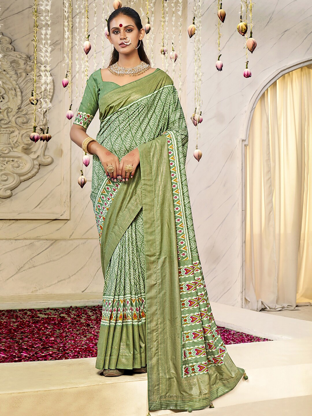 

Saree mall Ethnic Motifs Woven Design Zari Ikat Sarees, Green