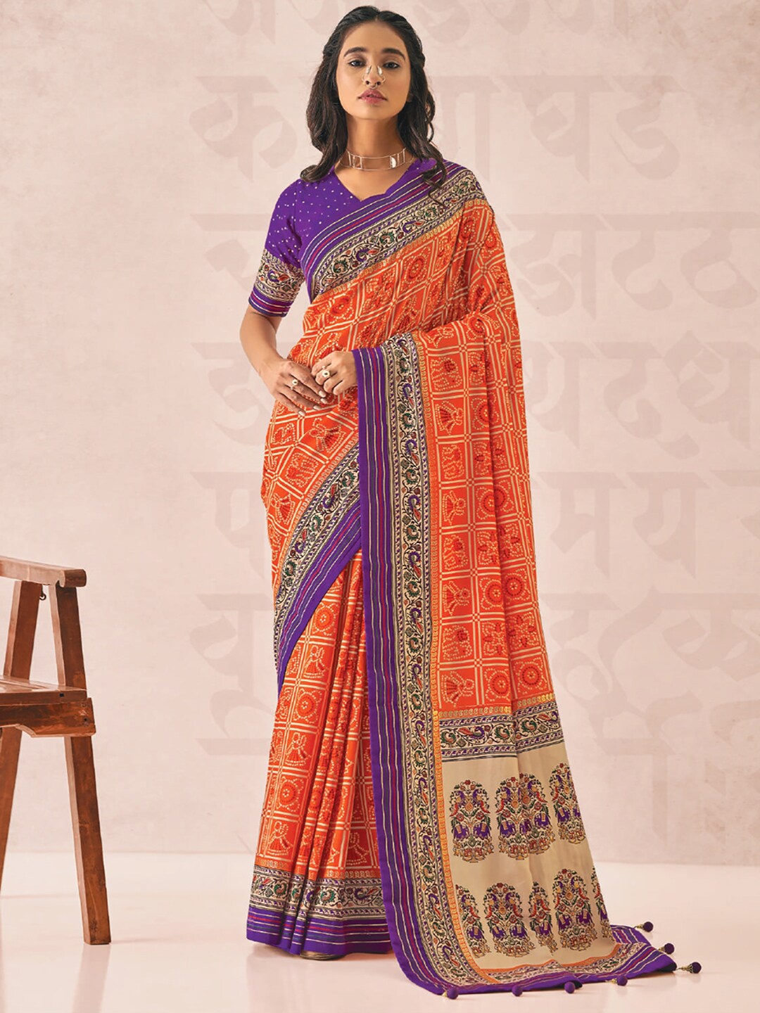 

Saree mall Orange & Purple Printed Bandhani Sarees