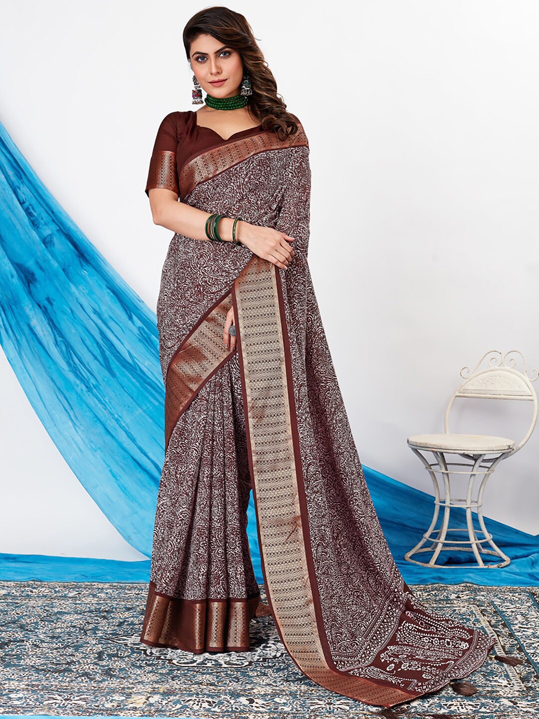 

Saree mall Ethnic Motifs Printed Zari Sungudi Sarees, Brown