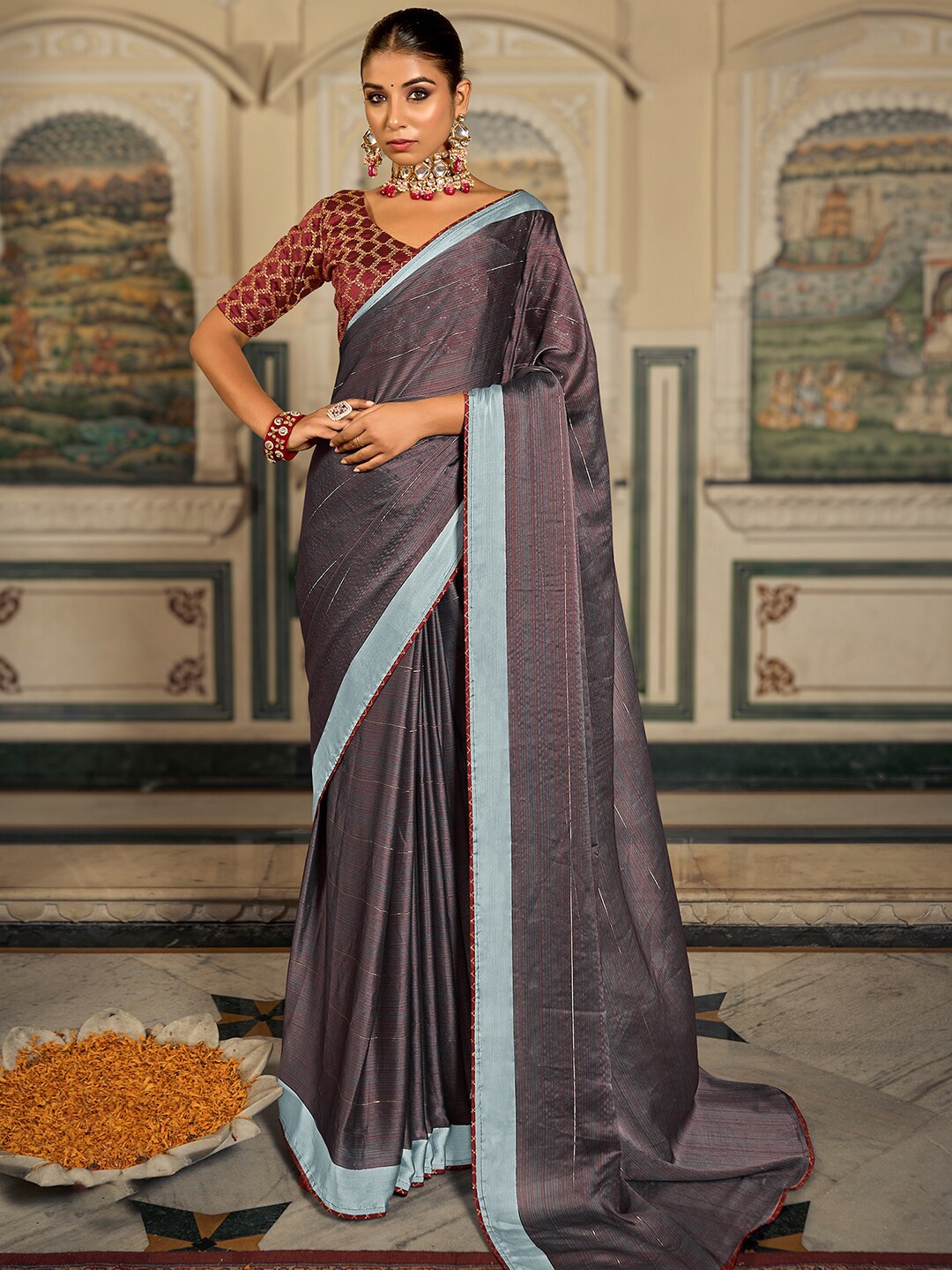 

Saree mall Striped Pure Chiffon Sarees, Grey