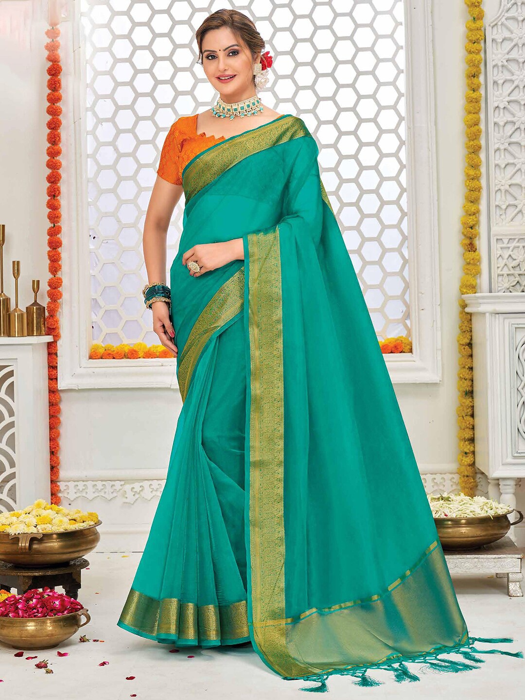 

Saree mall Blue Zari Detailed Organza Saree