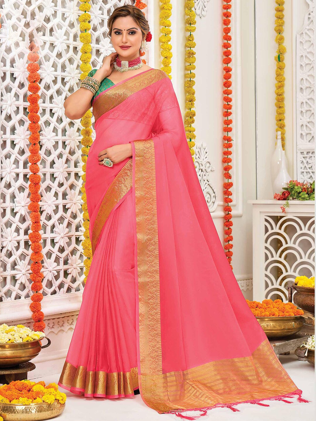 

Saree mall Pink & Gold-Toned Zari Organza Banarasi Sarees