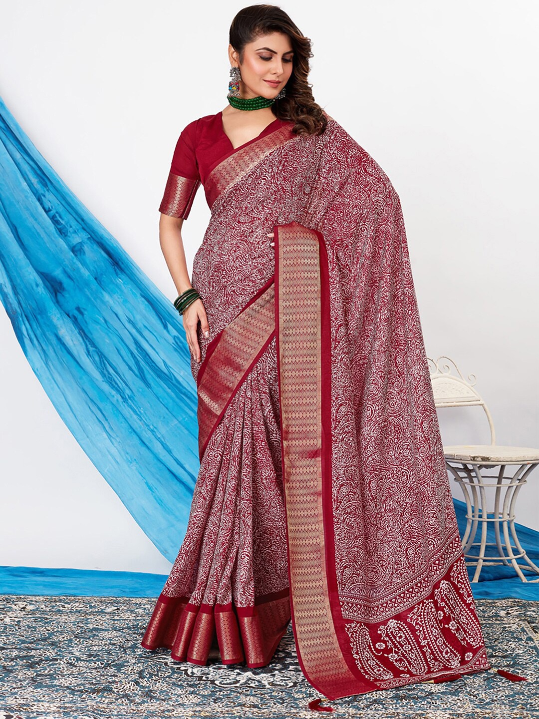 

Saree mall Ethnic Motifs Printed Zari Sungudi Sarees, Maroon