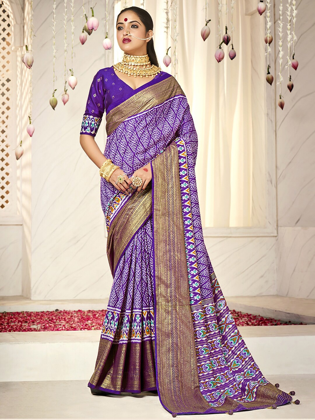 

Saree mall Ethnic Motifs Woven Design Zari Ikat Sarees, Purple